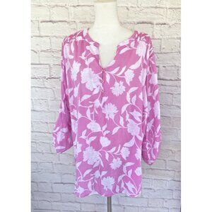 Women's Lee Floral Pink Blouse Size 2X Viscose Blend Long Sleeve